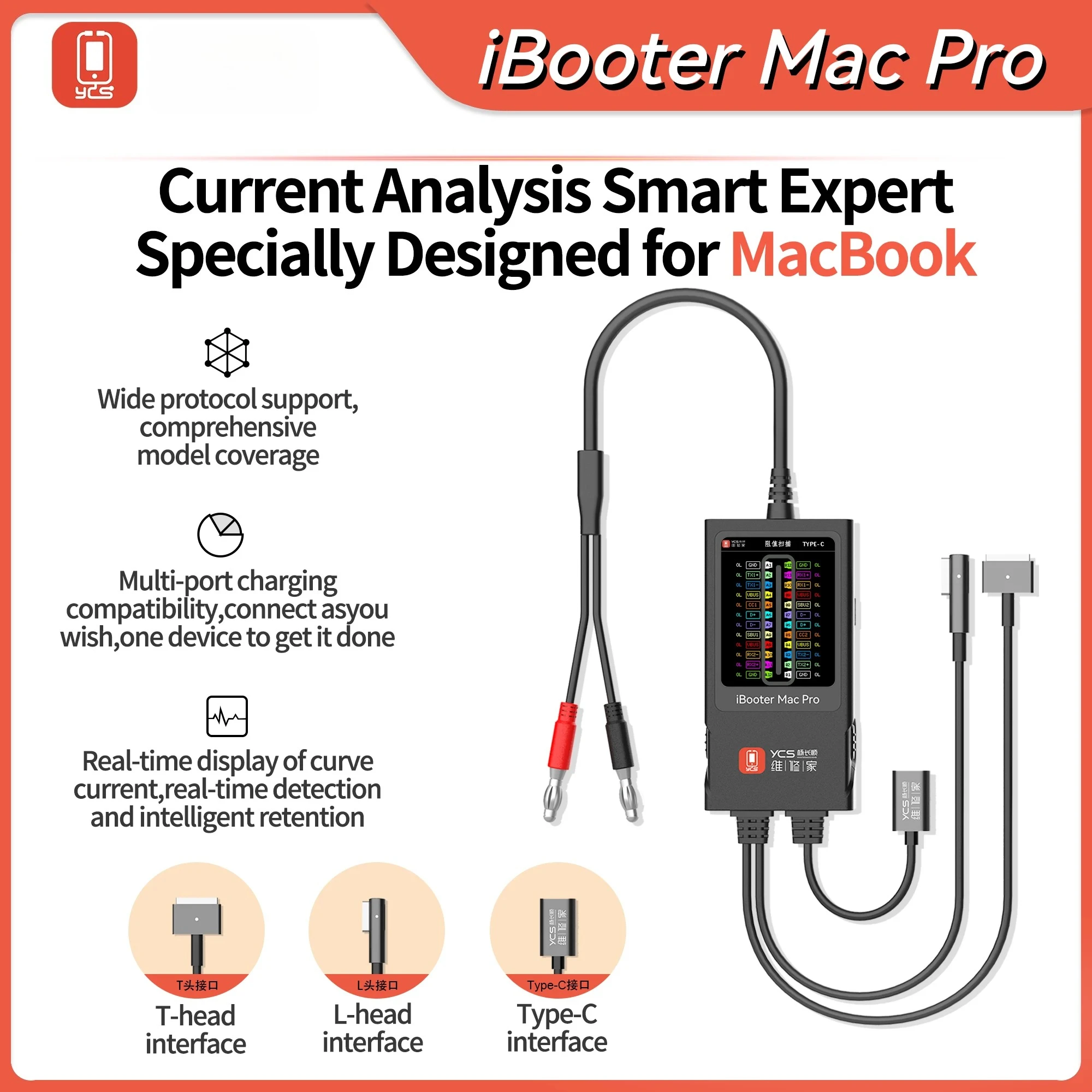 2026 YCS iBooter Pro Current Analyzer T-head/L-head/Type-C Interface for Repair Charging Real-time Current Detection Tool
