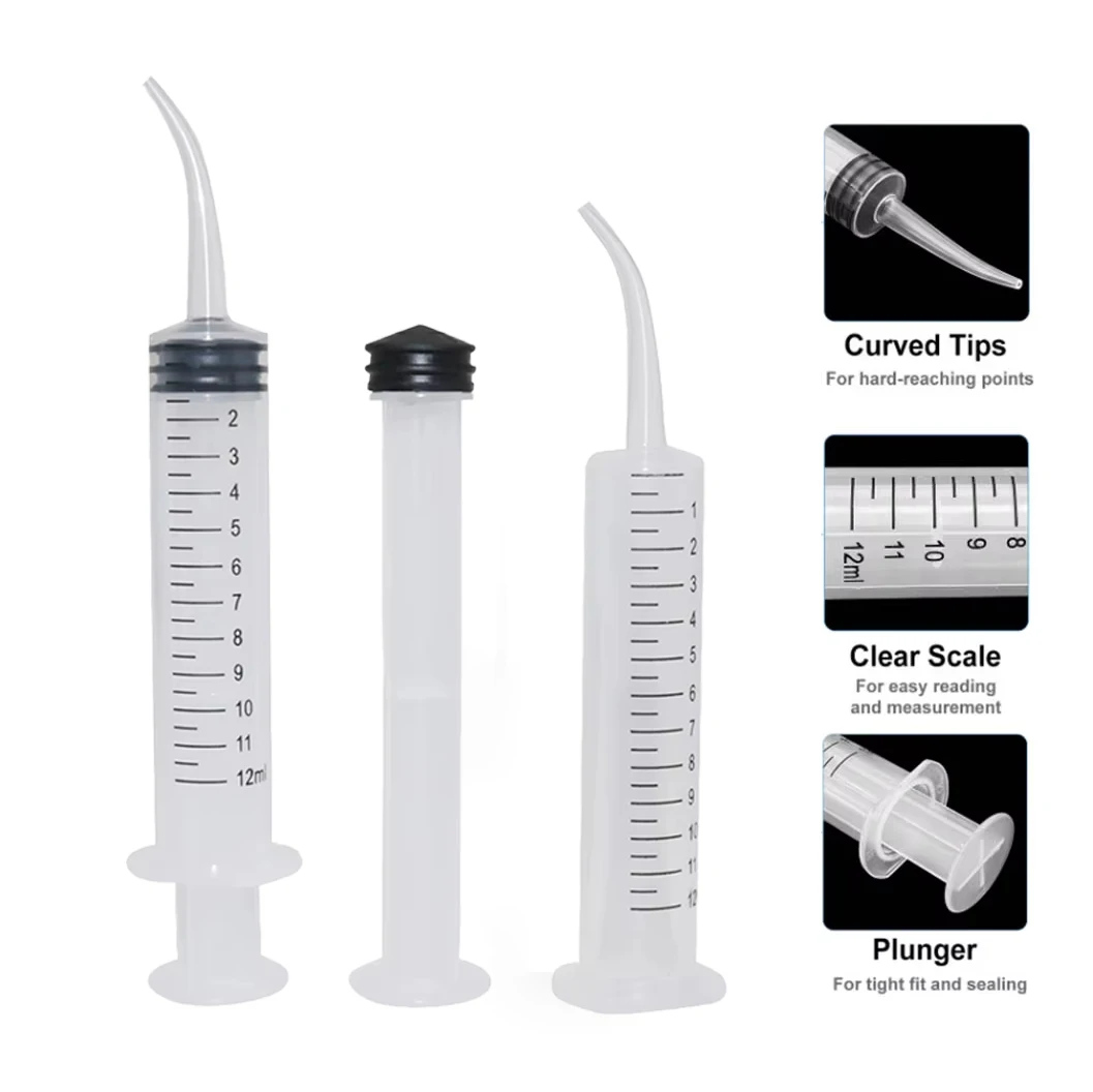12ml/CC Plastic Elbow Curved Tip Irrigation Syringe No Needle For Liquid Dispensing, Feeding Pets or Glue Applicator