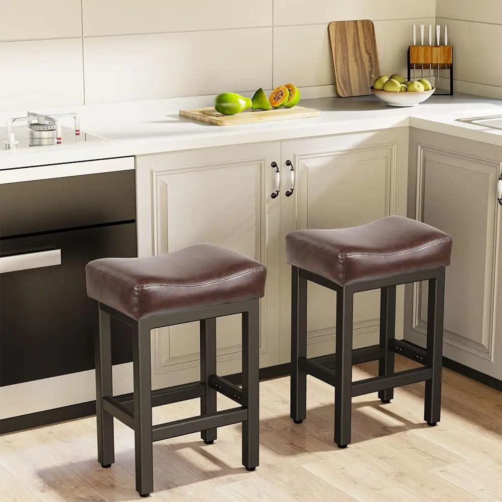 Counter Height Bar Stools Set Of 2, 24 H Barstools For Kitchen Island Counter, Bonded Leather Kitchen Stools With Thi Seats &