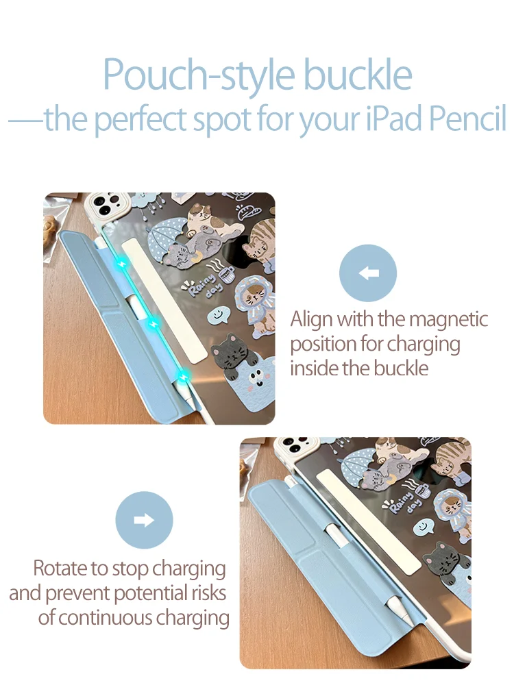 For iPad Cute Rainy Day Cat Case - Magnetic Detachable, 3+Y Multi-Angle, Pencil Pouch, Fits iPad 10/11, Air 4/5/6/7, Mini 6/7