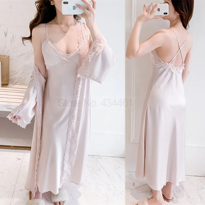 Lady Satin Robe Set Summer Two Pieces Bathrobe&Strap Nightgown Suit Ulta Long Lace Trim Sleepwear Sexy Nightwear V-Neck Lingerie