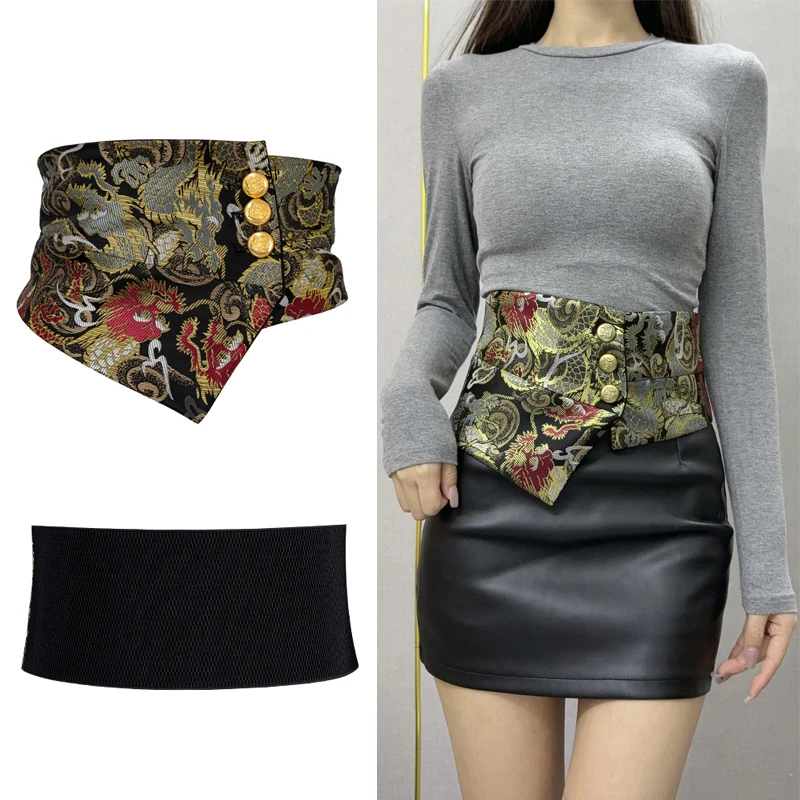 Embroidered Wide Elastic Waist Belt for Women Dress Vintage Stretch Waist Trainer Corset Cincher Belts Waistband Cummerbunds