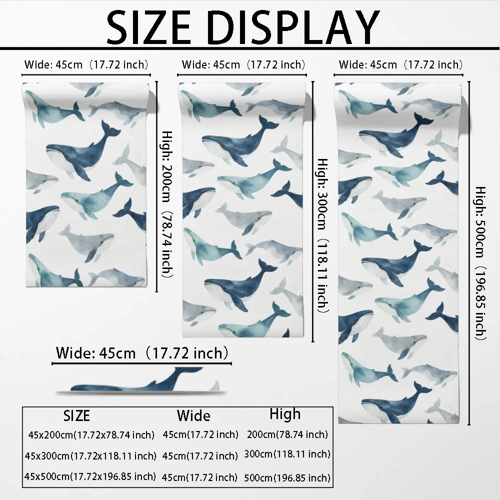 1pc Watercolor Whale Seamless Ocean Wallpaper Self Adhesive PVC Peel And Stick Wall Sticker For Bedroom Living Room Wall Art