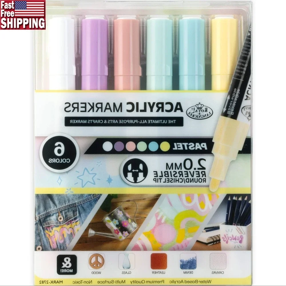 

6 Piece Reversible Acrylic Art Markers Multi-Surface Non-Toxic Smooth Paint Markers Crafts Drawing Illustration and DIY Projects