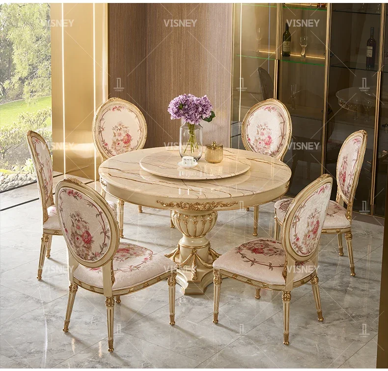 

Designer Model Court Retro Small French Natural Marble round Table European Beech Turntable Table