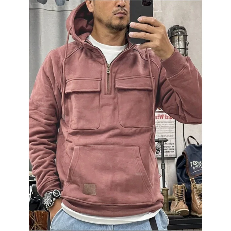 American Fashion New Solid Color Hooded Sweatshirt with Multiple Pockets for Sports and Warmth Men's Casual Hoodie