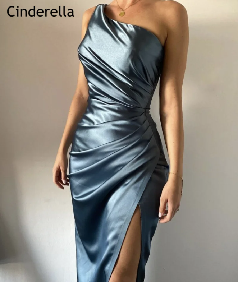 One Shoulder Prom Dresses Fashion Mermaid Side Slit Satin Prom Dresses With Lace Up Back vestidos de fiesta de noche Newest