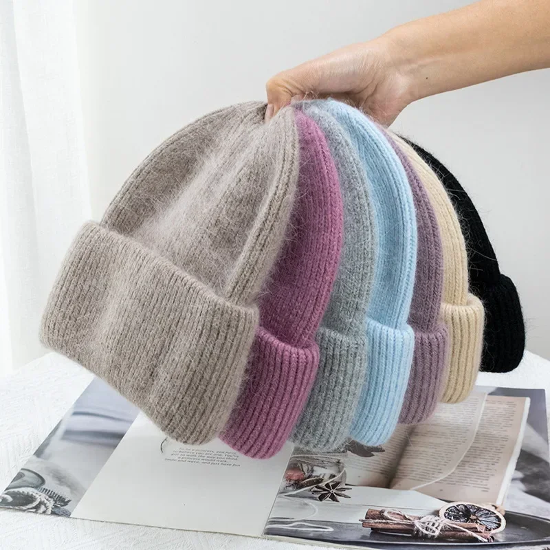 Fashion Warm Cashmere Wool Skullies Angola Rabbit Fur Winter Knitted Beanies Women Cap Female Three Fold Ski Outdoor Hats