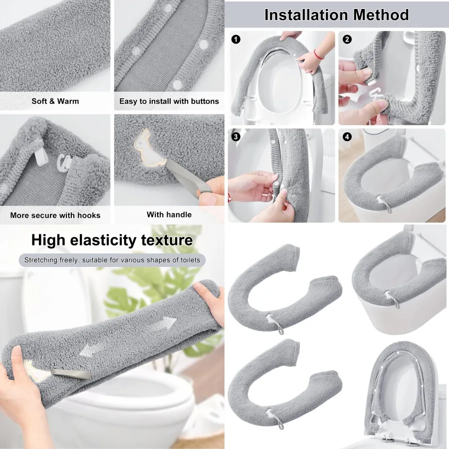

2 Packs Plush Warm Toilet Seat Cover with Snaps for Bathroom Use Washable and Reusable Toilet Seat Lid Cushion Pads that Fit Mo