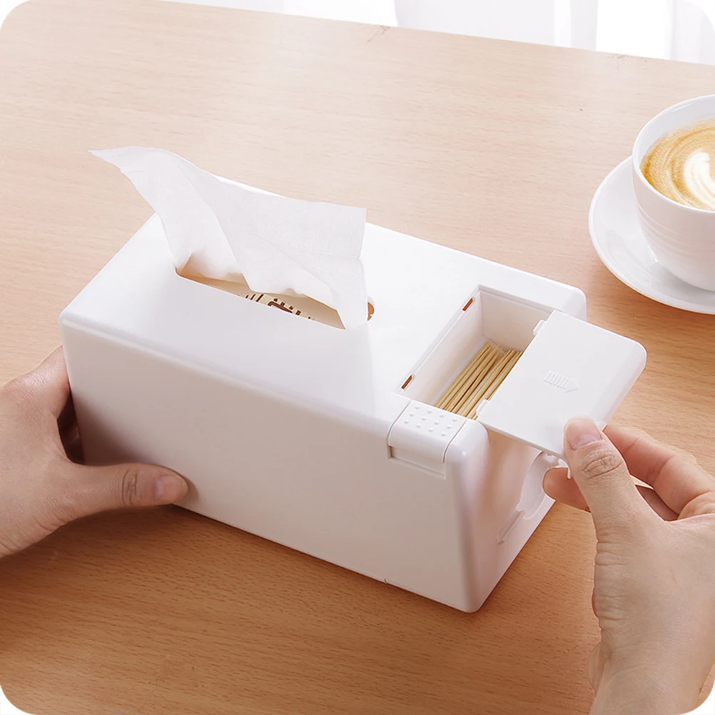 

Durable White Plastic Tissue Paper Box With Automatic Toothpick Dispenser Napkin Storage Container For Living Room