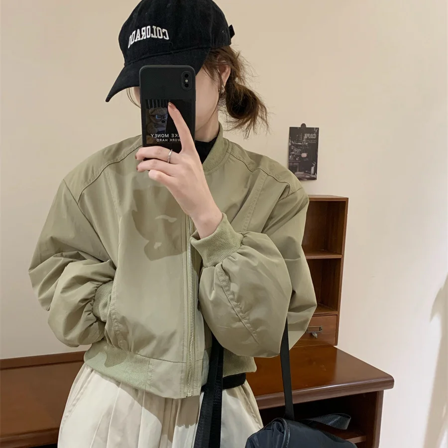 

Loose Short Handsome Baseball Jacket Women Autumn New Collection Lantern Sleeves Round Neck Casual Coat Korean Edition