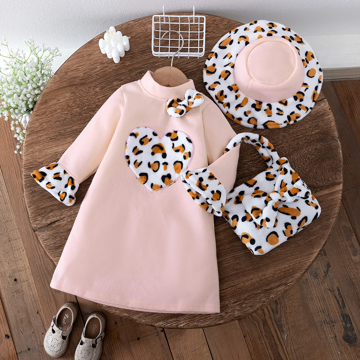 

Girls Casual Dresses Plush Leopard Print Patchwork Dress + Hat + Bag 3pcs Party Dress for Kids Girl Winter Clothes for Girls
