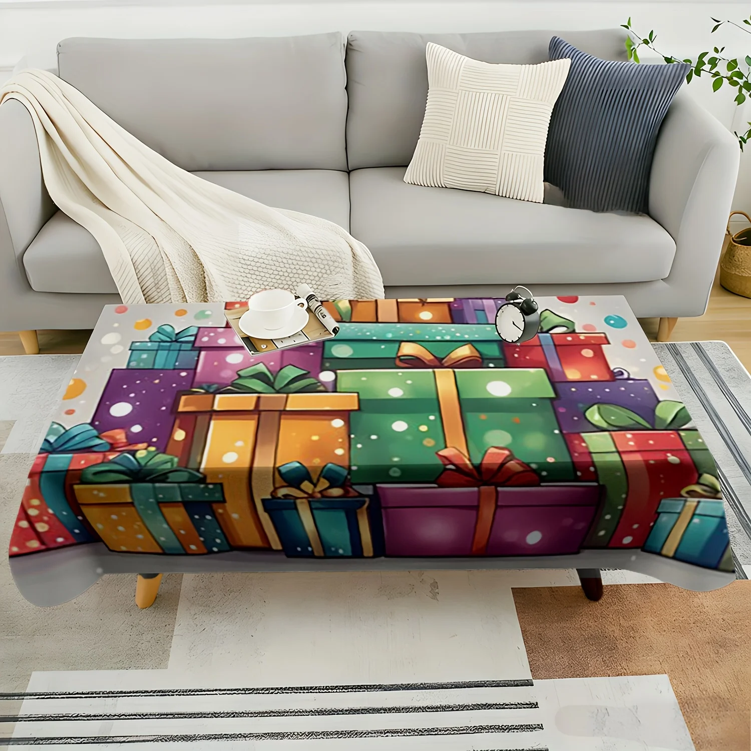 1pc 2D Flat Tablecloth, Colorful Stacked Gift Boxes with Bows & Light Spots Printed Rectangle Tablecloth, Decor for Dining Table