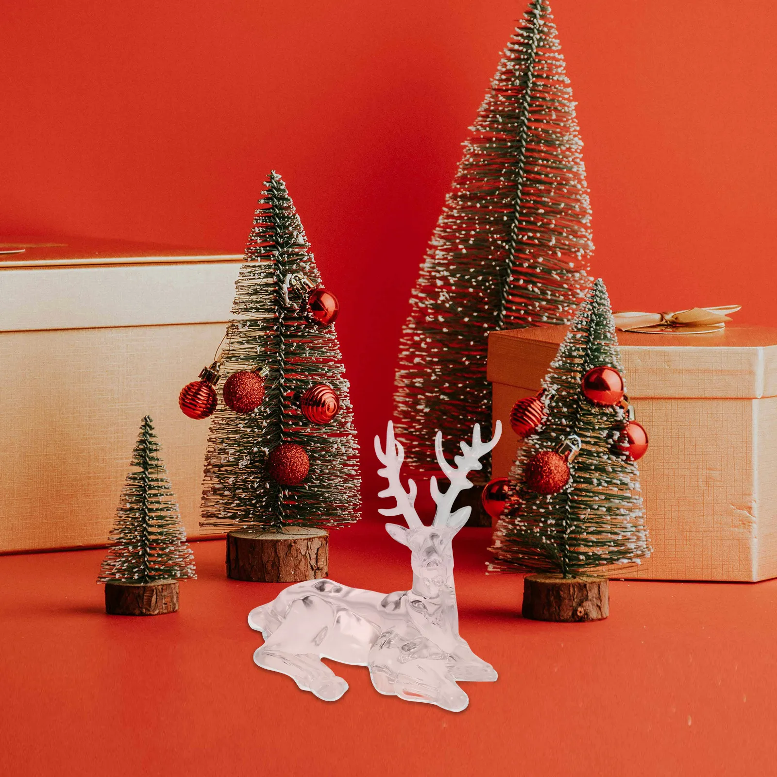 2Pcs Clear Acrylic Reindeer Statue Christmas Decor Mistletoe Accent Transparent Deer Ornament for Mantel Tabletop Fireplace