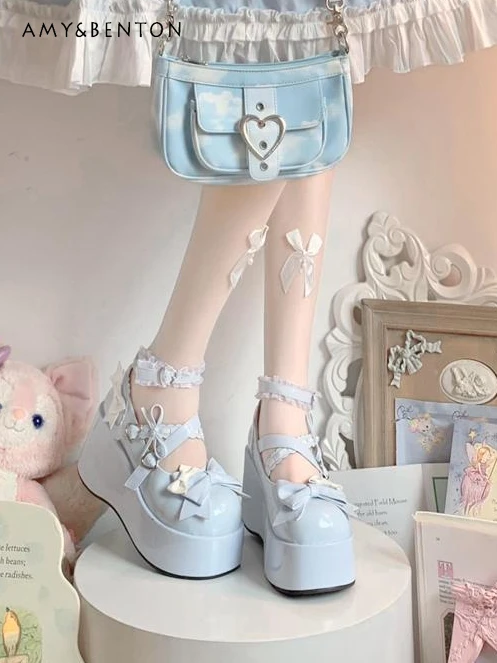 

Sweet Cute Lolita High Heels Heavy Industry Bow Buckle Lace Stitching Round Toe Platform Heels Preppy Style Kawaii Women Shoes