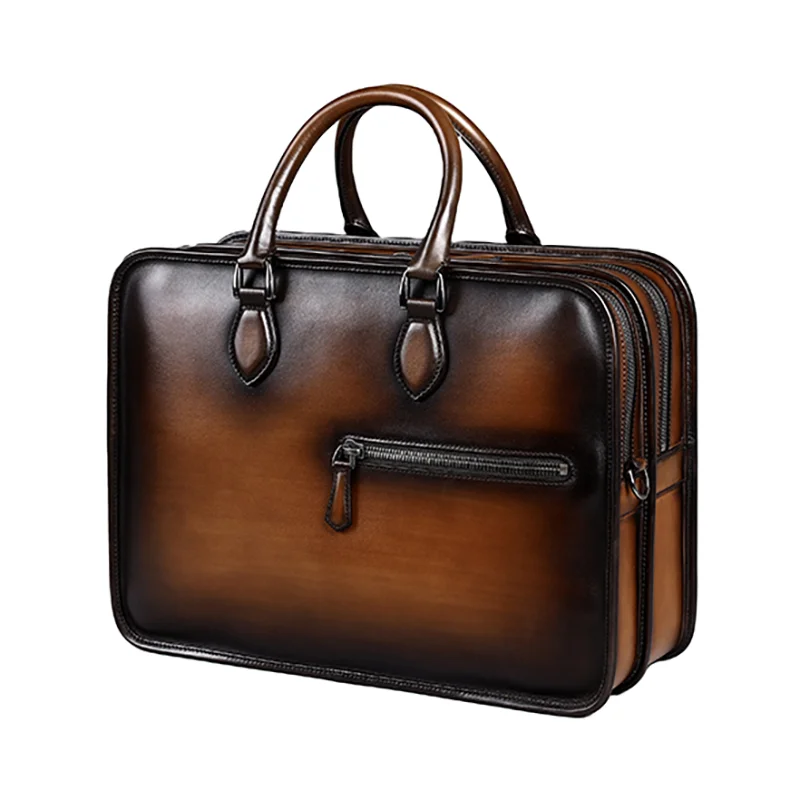 DIMY 2025 briefcase men's leather business niche handmade color retro men's bag double-layer large capacity computer bag handbag