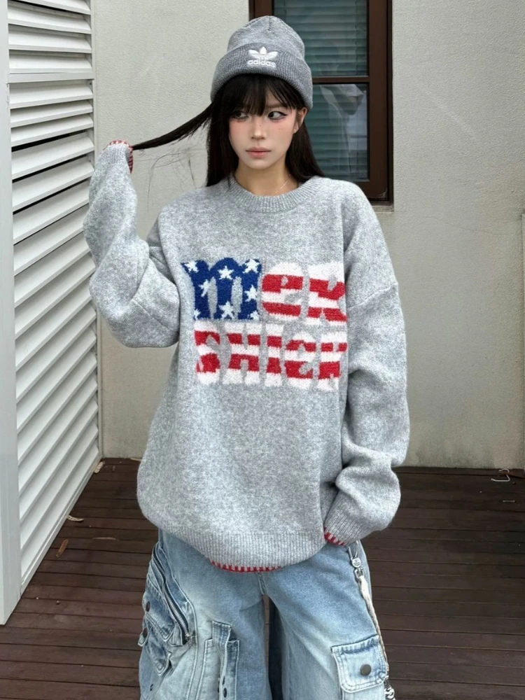 Korean Y2K Street Fashion Sweater Loose Oversize Couples Jumper Tops Retro Streetwear Gray Knitwear Thicken Winter Tops Harajuku