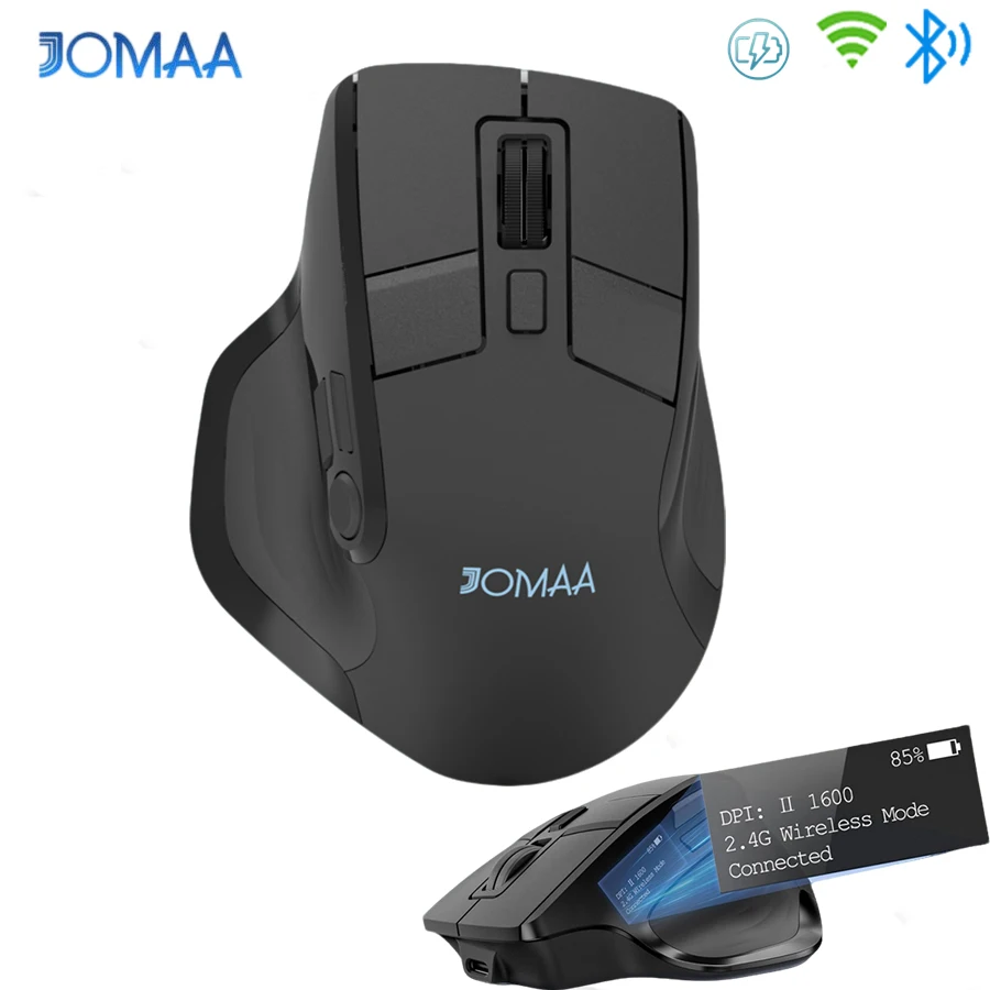 JOMAA Vertical Wireless Mouse Bluetooth 2.4G Dual Mode Rechargeable Programmable 5 Buttons,OLED Display,for Laptop PC