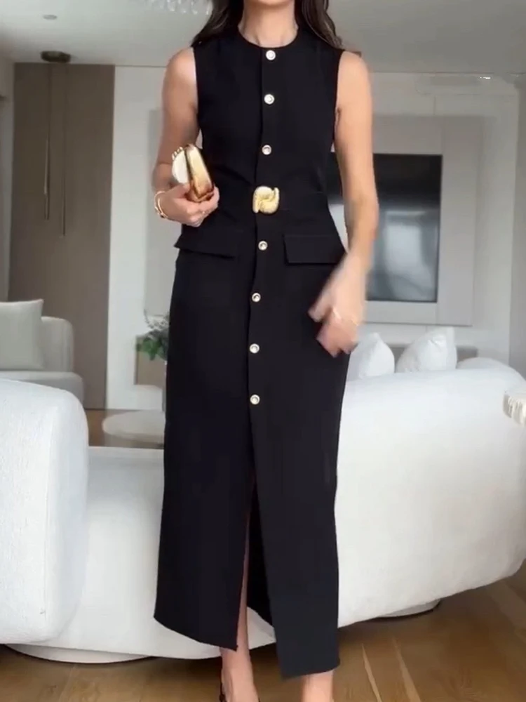 New Spring Autumn Women Maxi Dress for Clothing Casual Sleeveless Ladies Party Dress O Neck Buttons Elegant Streetwear Vestidos