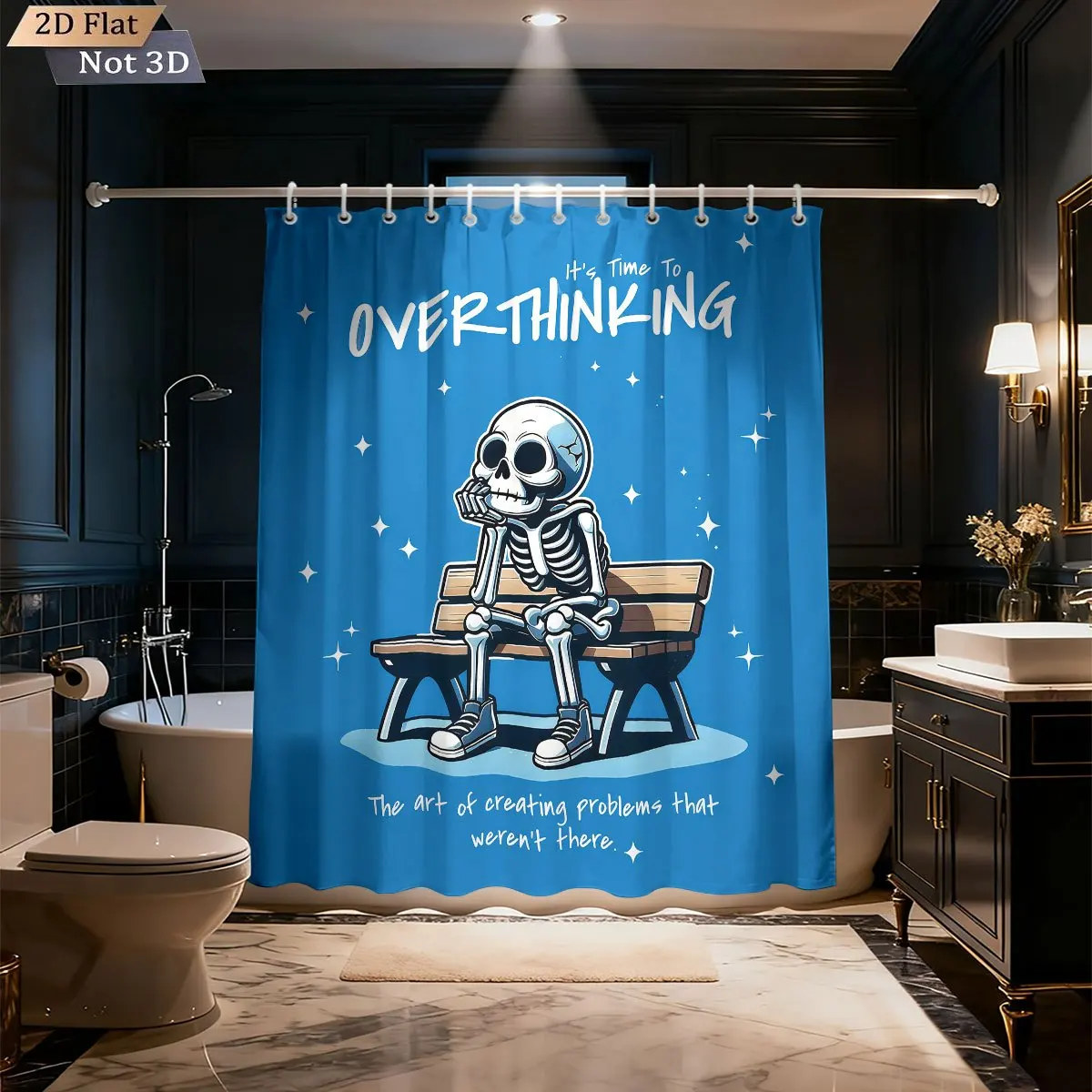 Funny Skeleton Overthinking Shower Curtain, Cartoon Skull Sitting on Bench Print Bath Screen, Waterproof Polyester Fabric Humor