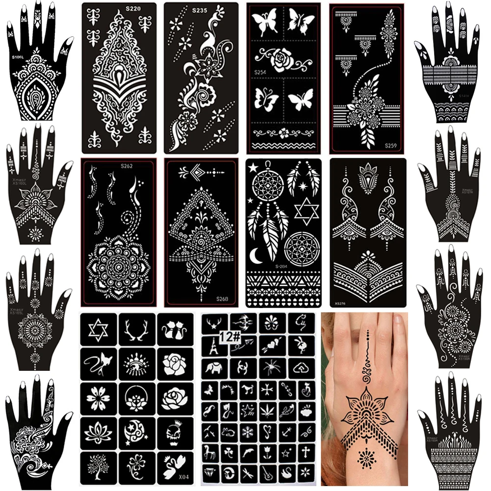 18 Sheets Henna Tattoo Stencil Temporary Body Art Sticker Glitter Tattoo Stencils Airbrush Template Girls Women Wedding Tool