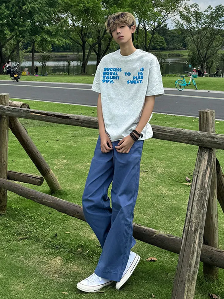 Blue French Work Flared Jeans Men's Spring Summer Cleanfit High Street Long Leg Workwear Pants Loose Fit mid Waist Zipper