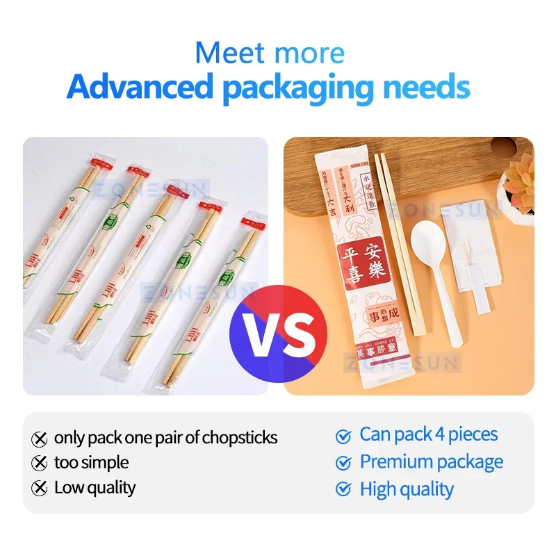 ZONESUN Automatic Cutlery Set Packing Machine Disposable Plastic Tableware Bagging Equipment Chopstick Wrapping ZS-PLCJ01