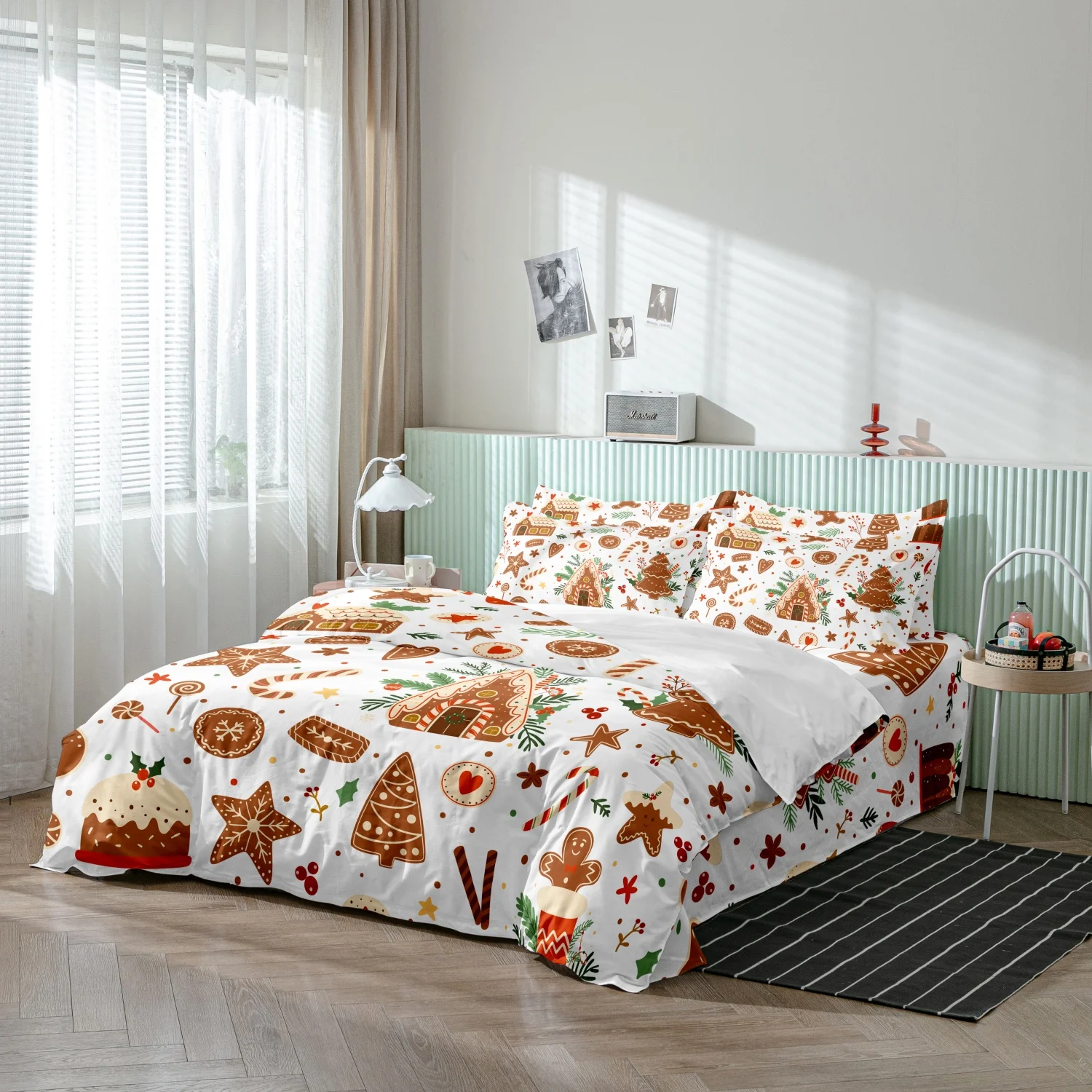 3 Pieces Sweet Gingerbread Christmas Print Duvet Cover Set, Cookie House Candy Cane Xmas Tree Winter Holiday Pattern Bedding