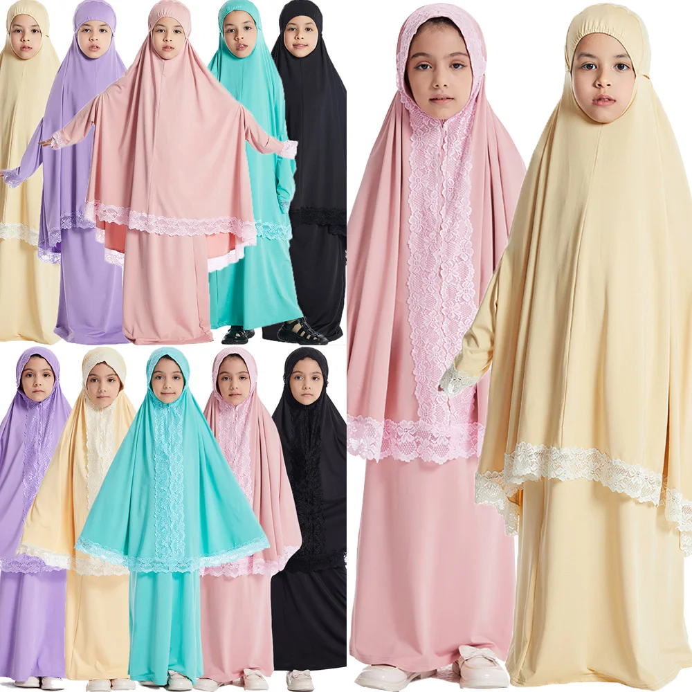 Muslim Kids Girls Hijab Dress Eid Overhead Djellaba Abaya Set Ramadan Prayer Garment Khimar Jalabiya Robe Turkey Kaftan Burqa