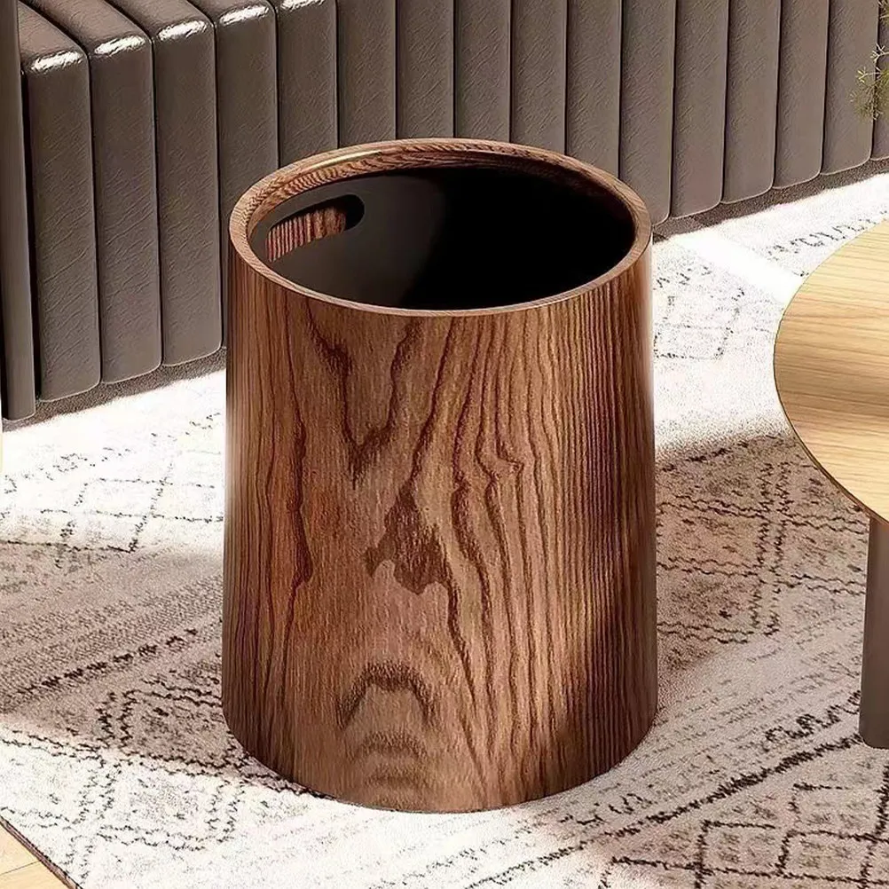 

Round Simulation Wood Grain Garbage Can Premium PP Imitation Construction Large Opening Easy Clean Home Office Kitchen