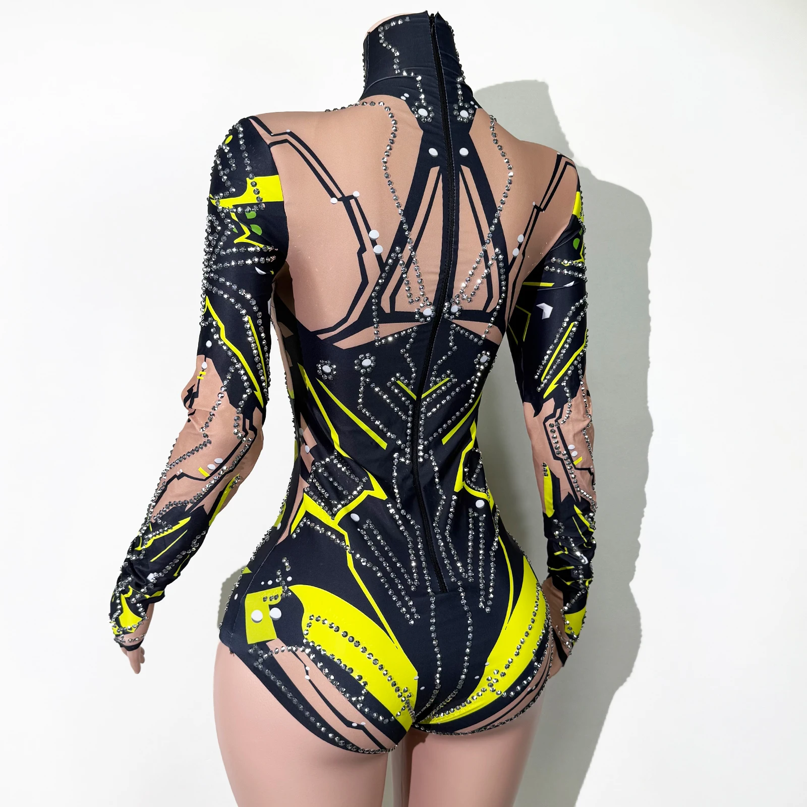 زي أداء المسرح باللون الأخضر اللامع والرمادي اللامع من حجر الراين قابل للتمدد للنساء ملابس داخلية للنوادي الليلية والحفلات الراقصة ملابس الملكة السحب