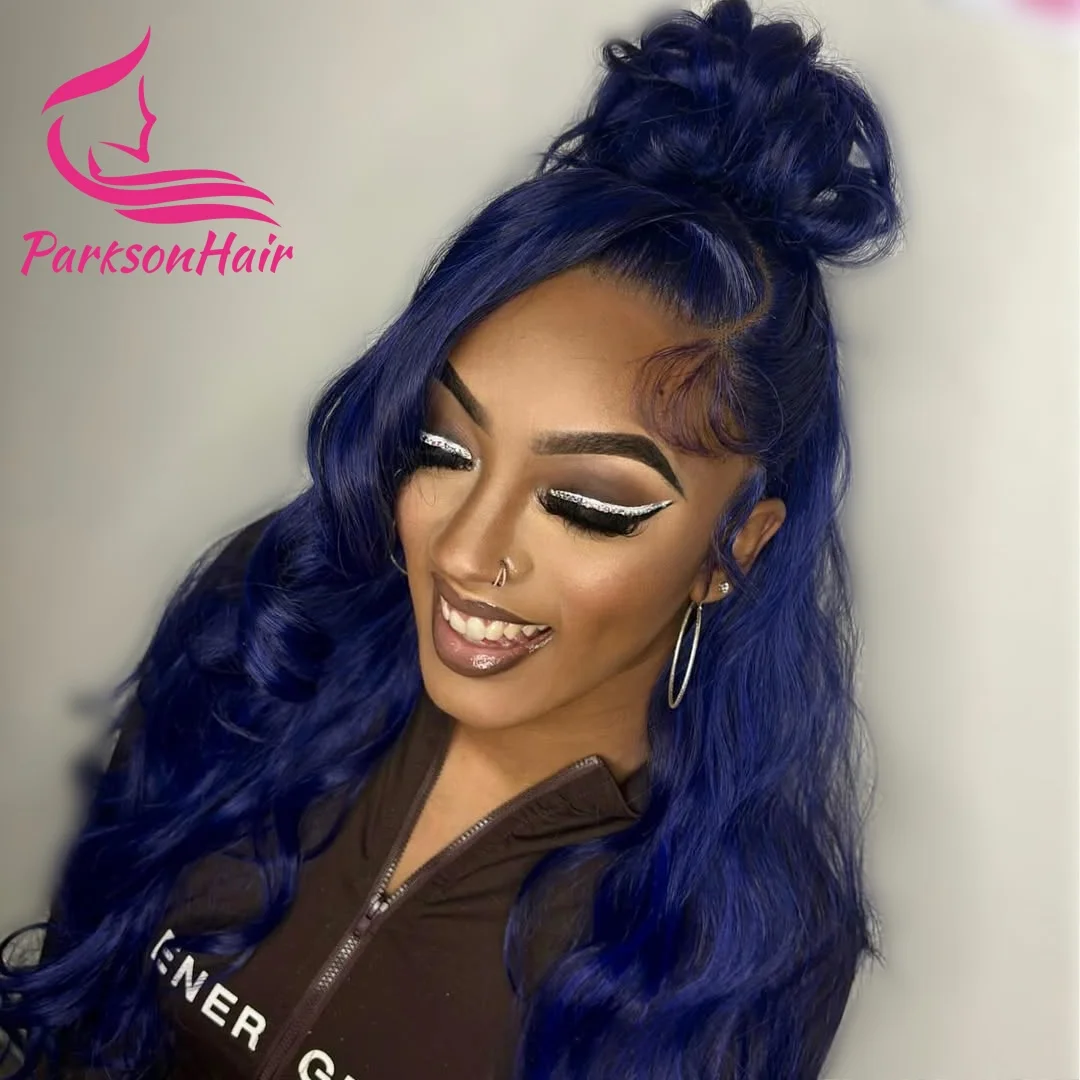 13x6 منتصف الليل الأزرق الشفاف الدانتيل الجبهة خصلات الشعر المستعار الإنسان للنساء 4x4 الدانتيل إغلاق شعر مستعار الجسم موجة الأزرق الداكن خصلات الشعر المستعار الإنسان