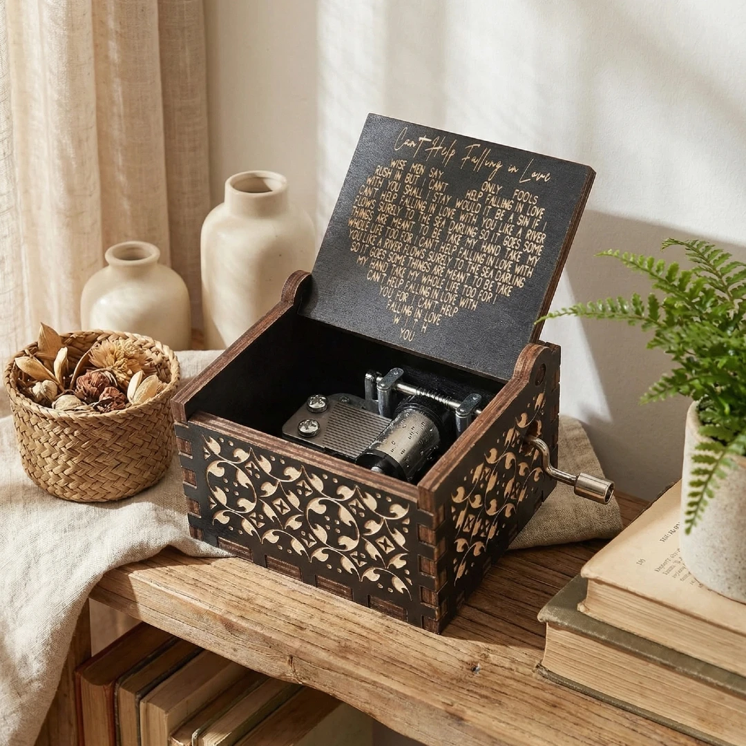 Antique Wood Music Box - Engraved 