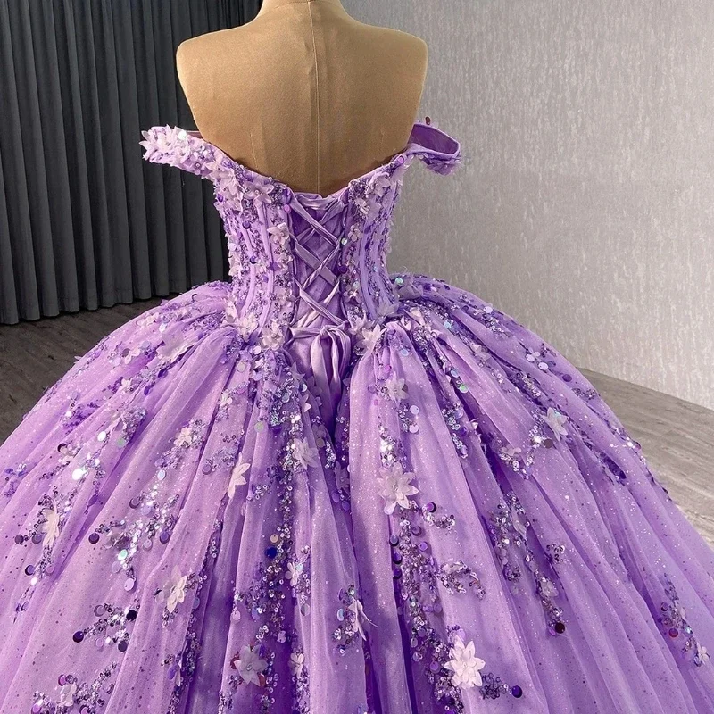 Vestidos de Quinceañera de lavanda Lila brillante, Apliques de encaje con cuentas, Tull dulce 16, Vestidos de graduación populares D, nuevo estilo