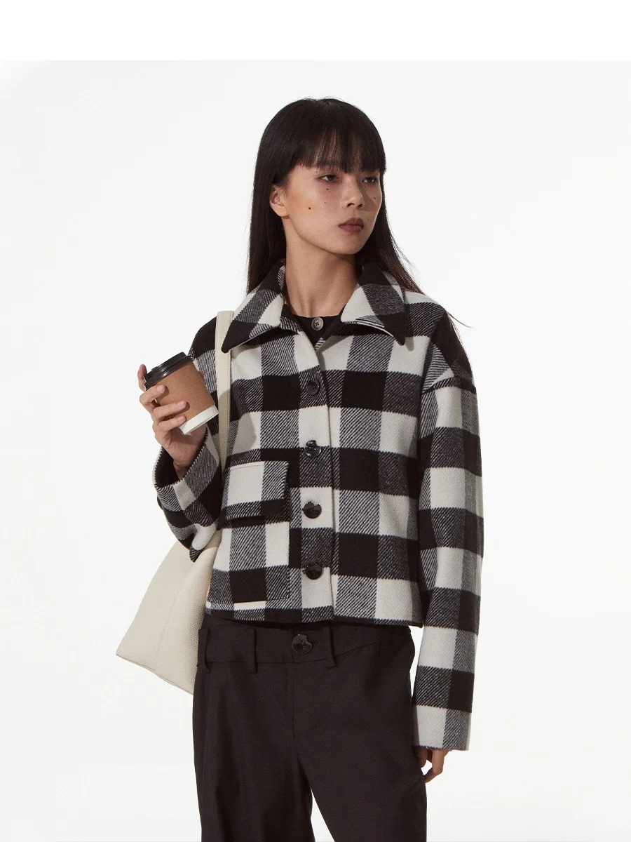 

Bla And White Plaid Woolen ort Jaet with Single ket Non-matching Design Stand Collar Commuter Sle Autumn Faion L...