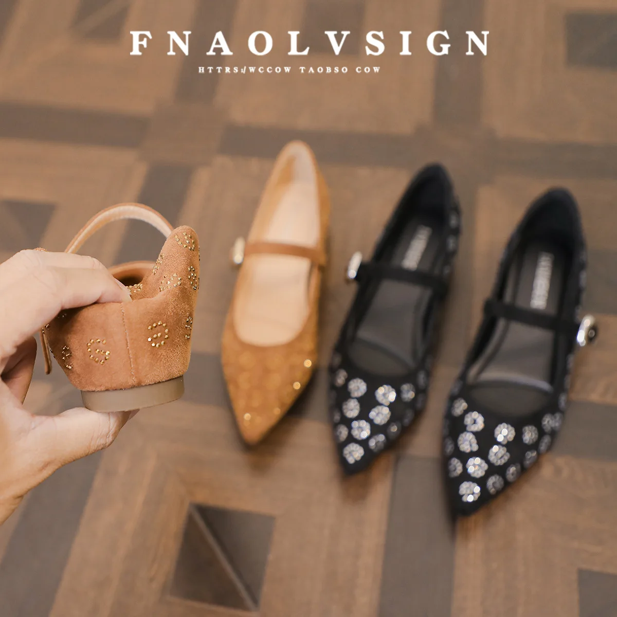 

Women Studded Mary Jane Flats Shoes Suede Gold Rivets Tan Heel Comfort Office Casual Shoes Round Toe Women Shoes Fashion