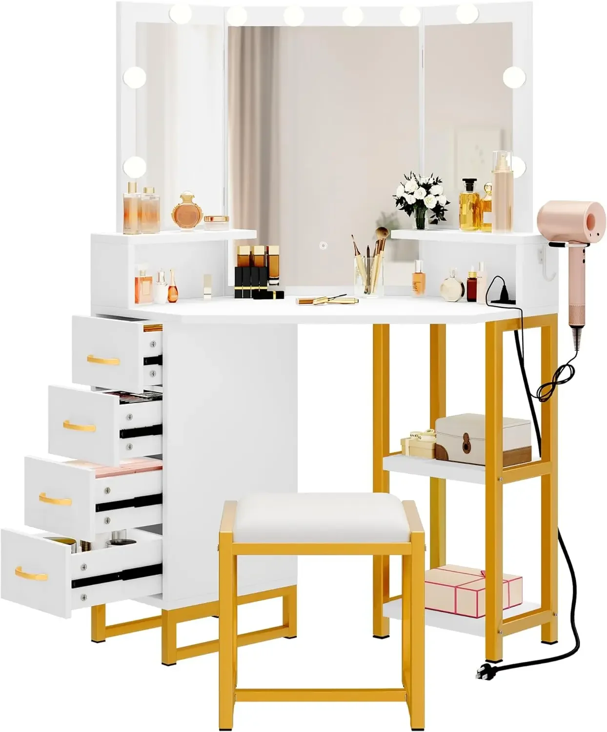 

Vanity Desk with Lights, Power Outlet, 3 Color Options, Storage Drawers, Shelves, Stool, Makeup Dresser