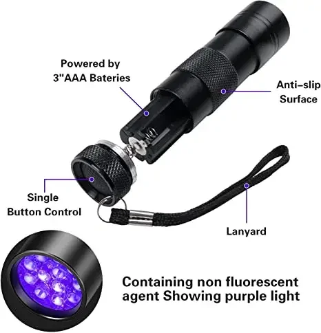 Linterna UV de 395nm, luz negra, 9 linternas LED, luz negra, Mini Detector de orina para mascotas, luz para perros/gatos, manchas secas, insectos de