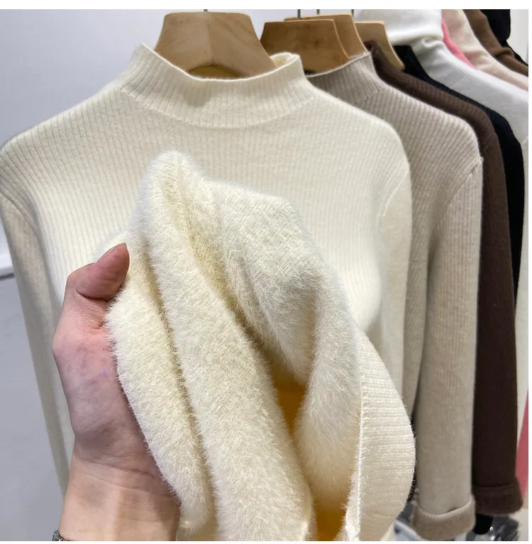 Roll kragen pullover Winter pullover Frauen elegant verdicken Samt gefüttert warm Sueter gestrickt Pullover schlanke Tops Jersey Strick pullover neu – Detail 14