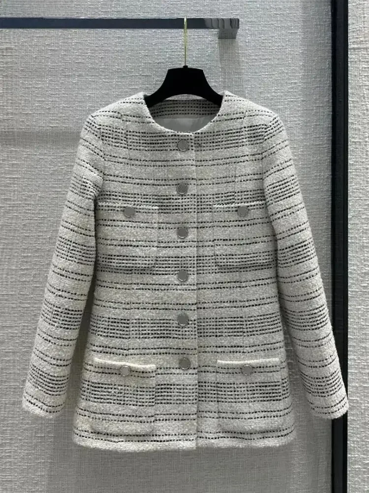 Fashion Design Embroidery Stripes Long Tweed Jacket Women Vintage O-neck Single Breasted Pockets Slim Chic Elegant Coat