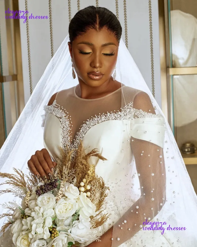 تخصيص قبالة الكتف سباركلي اللؤلؤ Ballgown فستان الزفاف للعروس الساتان منتفخ فستان الزفاف الأفريقي Vestidos De Novia