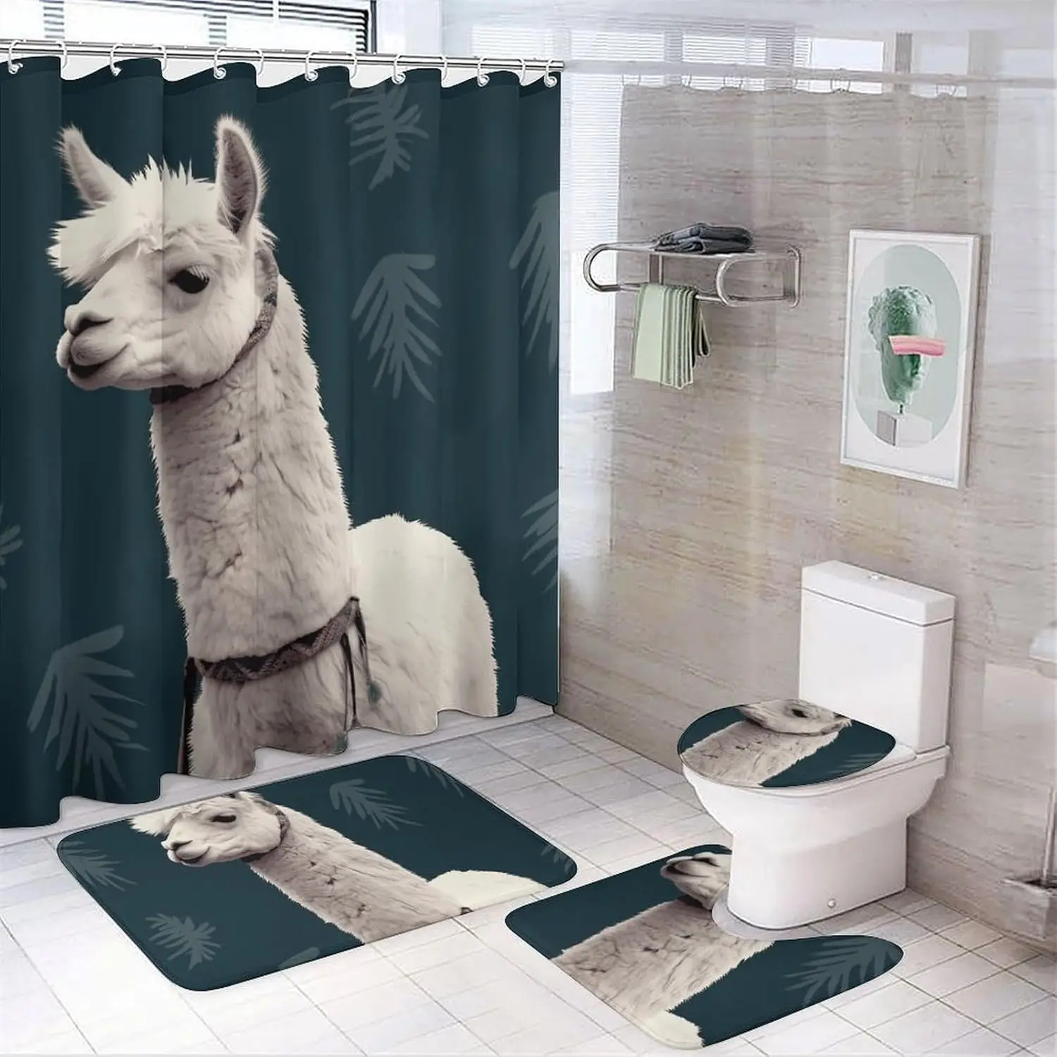 

Alpaca Llama Shower Curtains Set 4 Piece with Non-Slip Rugs, Toilet Lid Cover and Bath Mat Soft Bathroom Carpet Waterproof Bathr