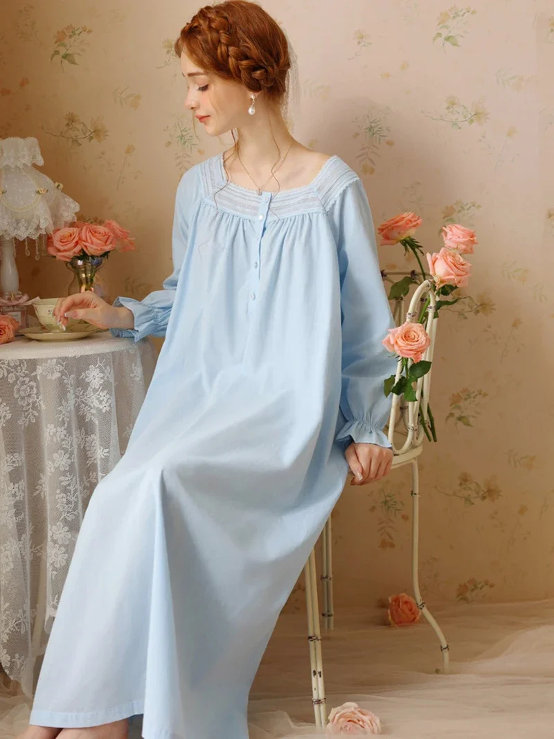 French Victorian Princess Cotton Lace Nightgown Women Sweet Girls Spring Autumn Long Sleeve Vintage Pajamas Sleepwear Nightwear