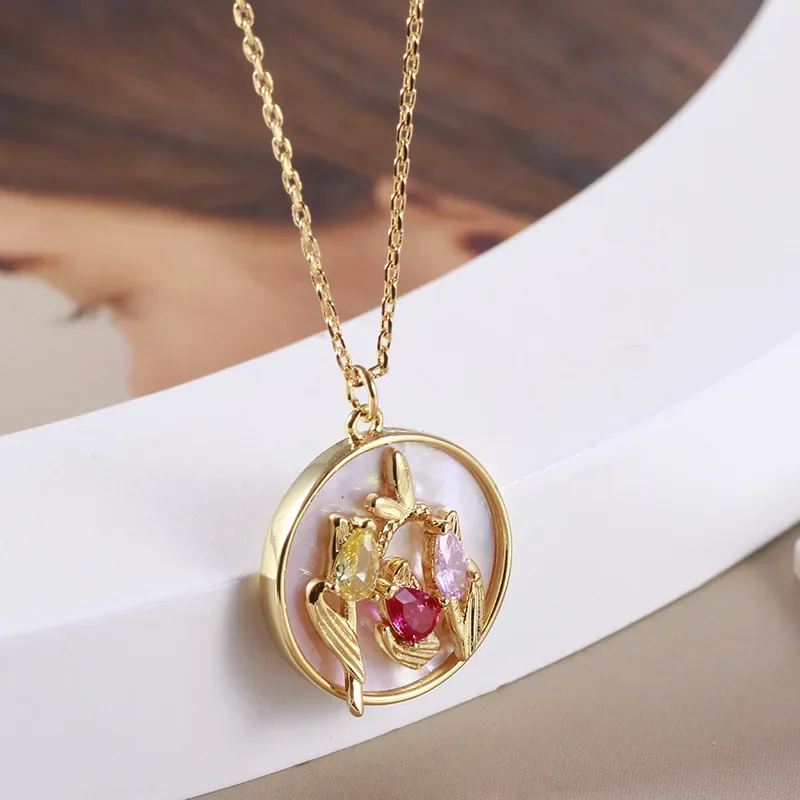 

KS European and American Fashion Trend Versatile Girl Round Tulip Flower Shell Zircon Necklace