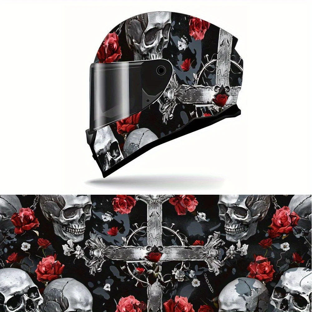 

Gothic Style Cross and Skull Full Face Helmet Vinyl Wrap Sticker, Waterproof Scratch-Resistant Self-Adhesive PVC Decals, Artisti