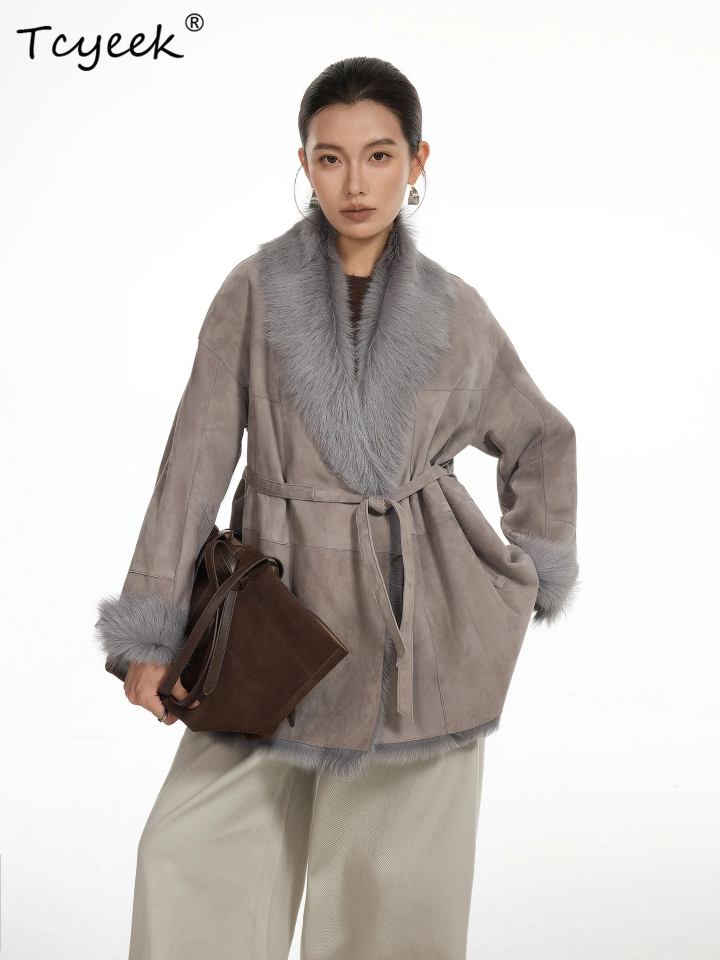 Tcyeek Prawdziwa Wełna Jesień Zima Elegancki Modny Płaszcz z Kołnierzem Jednolity Kolor Średniej Długości Damski Wełniany Płaszcz z Kożucha Futro Fourrures Femme