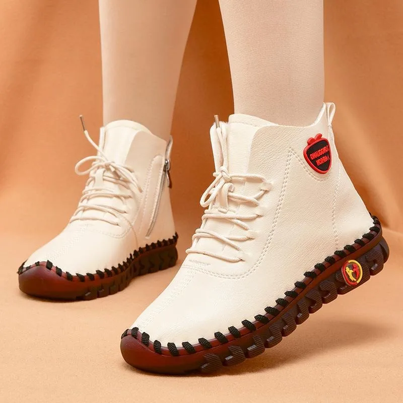 High Top Boots Women Leather Casual Shoes Women's Waterproof Snow Boots Fur Thick Ladies Shoe Hand Sewing Slip on Solid Sneakers