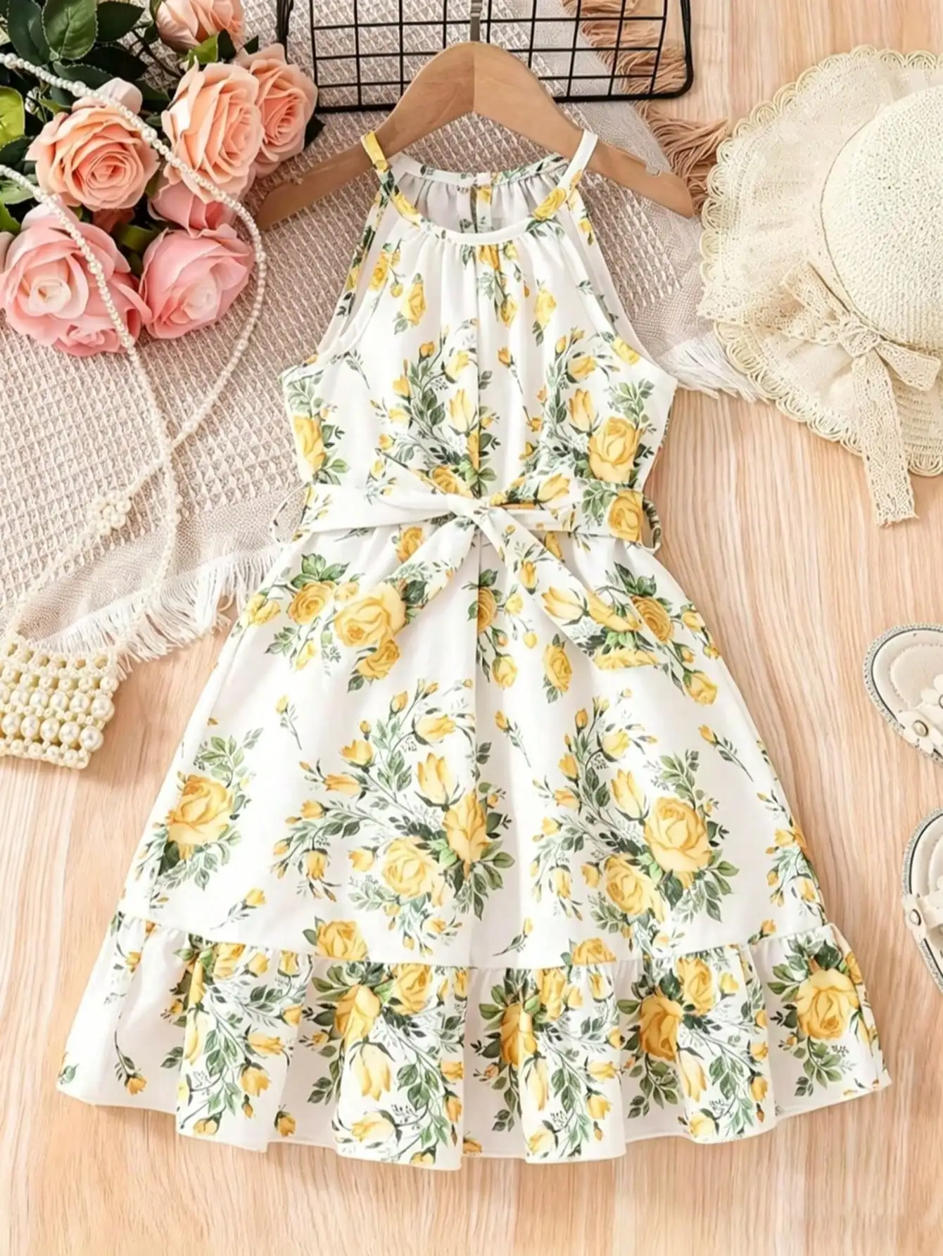 Mädchenkleid mit Blumenmuster, lässig, bequem, mit Rundhalsausschnitt, ärmellos, mit Taillenbund zum Binden, mittellanger Rock für Kinder. – Detail 3