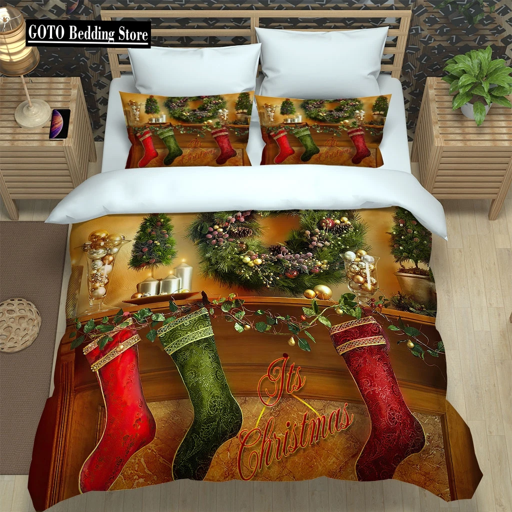 

HUANZHUANG King Size Duvet Cover Sets 3D Red Christmas Stockings Pattern Printed Duvet Cover set with Pillow Cases 3 Pieces Soft