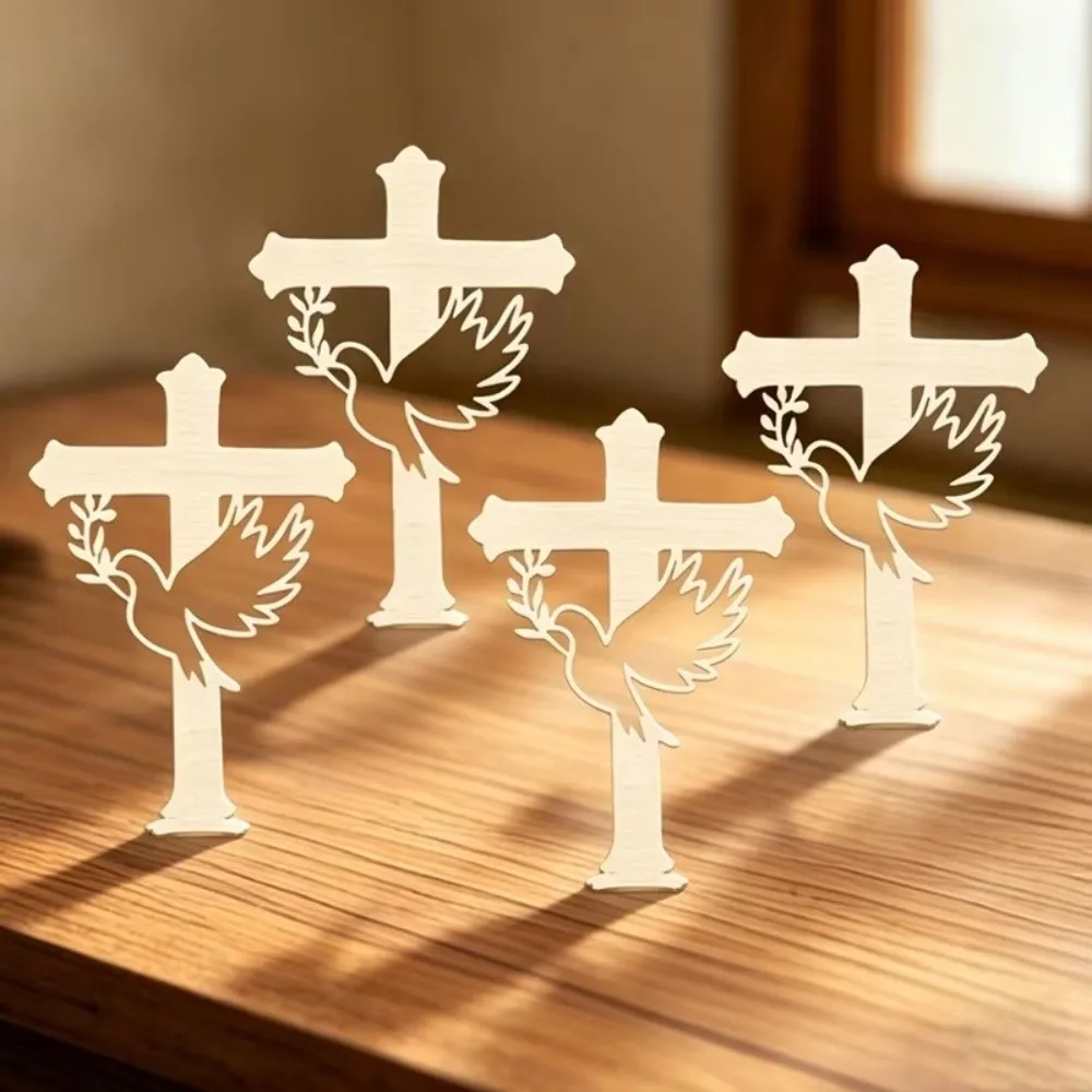 10Pcs Decorative Cross Wooden Peace Dove Cross Hollow Dove Craft Style Cross Decorative Figurine with Base Wood